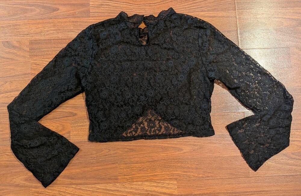 Black Lace Crop Top Bell Sleeve Sheer Y2K Goth Romantic Womens S